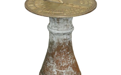 Bronze sundial on cast garden stone base with Greek key...