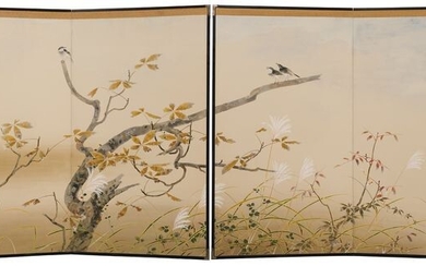Byobu, Folding screen (2) - paper - wood - Set of 2 two-panel screens polychrome continous Nihonga-style painting of birds in an oak tree - Japan - Taishō period (1912-1926)