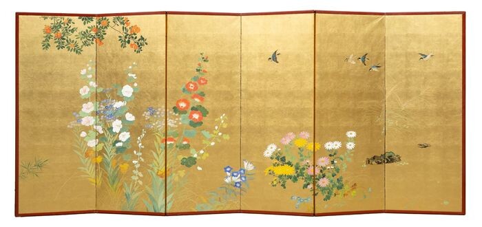 Byobu, Folding screen - Lacquer, Paper, Wood, Gold leaf - Medium-sized 6-panel room divider with a flower garden scene, on gold leaf. - Japan - Meiji period (1868-1912)