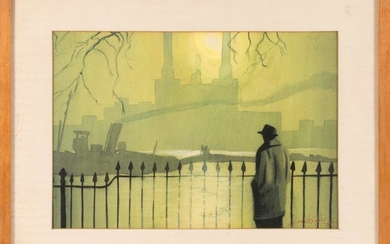 CARL VON DER LIPPE, Massachusetts, Mid-20th Century, A man looking toward a distant factory., Watercolor on paper, 12" x 17" sight....