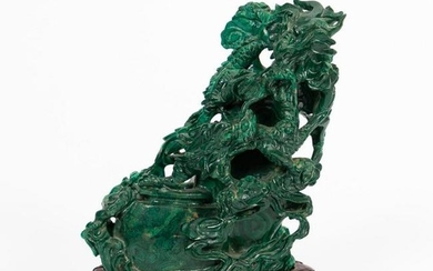 CHINESE, CARVED MALACHITE DRAGONS FIGURE ON STAND
