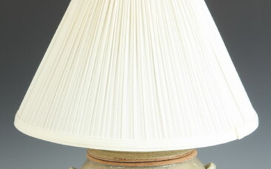 CHINESE CERAMIC TWO-HANDLED VESSEL TABLE LAMP. Textured oatmeal color glaze....