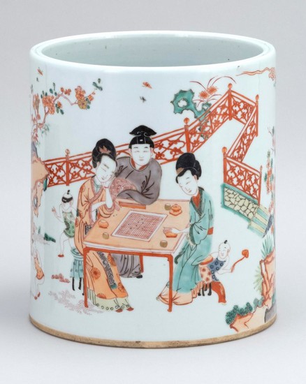 CHINESE FAMILLE VERTE PORCELAIN BRUSH POT Cylindrical, with figural landscape decoration. Height 8.25". Diameter 7.5".
