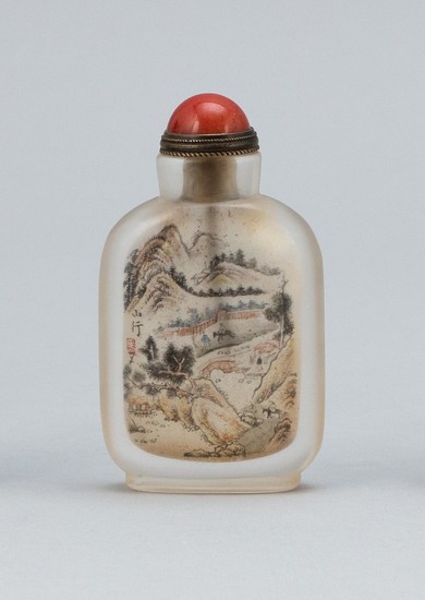 CHINESE INTERIOR-PAINTED GLASS SNUFF BOTTLE Rectangular. Obverse depicts boatmen in a river through a mountainous landscape, signed...