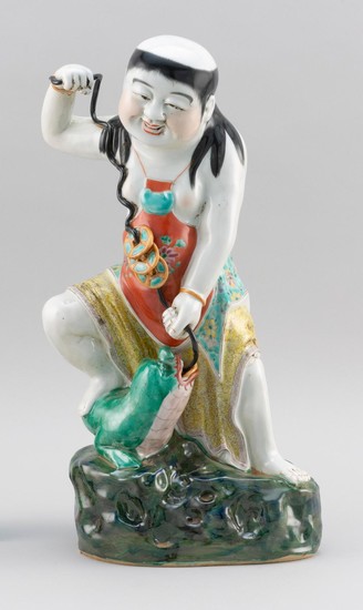 CHINESE POLYCHROME PORCELAIN FIGURE OF LIU HAI Playing with a three-legged frog and a string of cash. Height 18.4".