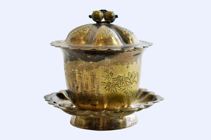 CHINESE SILVER PLATE COVERED CUP ON STAND