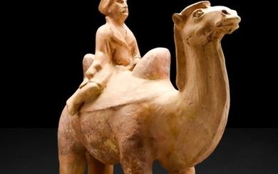 CHINESE TANG DYNASTY TERRACOTTA CAMEL WITH FOREING RIDER