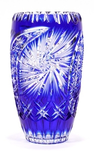 COBALT TO CLEAR GLASS CRYSTAL VASE 10 DIA
