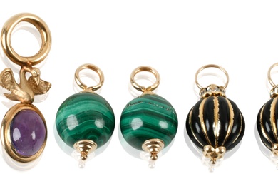 COLLECTION OF TEN YELLOW GOLD GEMSTONE AND ENAMEL CHARMS