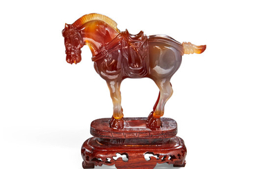 Carnelian Agate Carving of a horse carving on wooden base