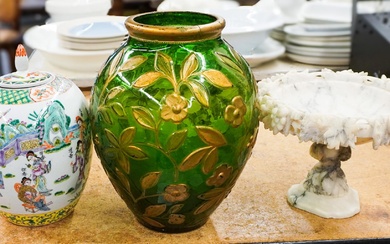 Carved Alabaster Compote, Gilt Decorated Emerald Glass Vase and Chinese Famille Vert Ginger Jar