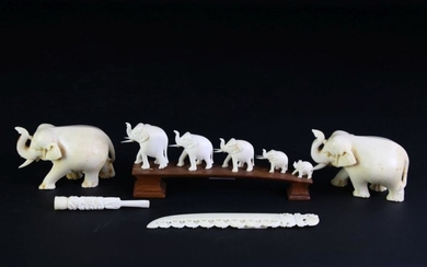 Carved Bone Elephant Items Incl Bridge, Letter opener And Two Figures (A/F)