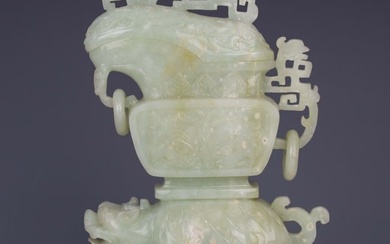 Carved Chinese Xiu Jade Foo Dog on Qi Lin