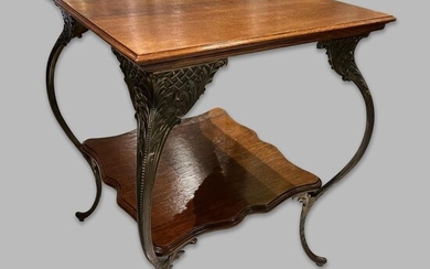 铸铜框架木面方几二十世纪 Cast Copper Frame Wooden Side Table 20th Century...