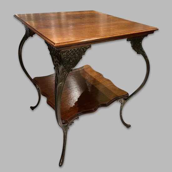 铸铜框架木面方几二十世纪 Cast Copper Frame Wooden Side Table 20th Century...
