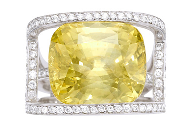 Ceylon Yellow Sapphire, Diamond, White Gold Ring Stones: Cushion-shaped...