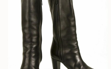 Chanel Black Leather calf height round cap toe boots