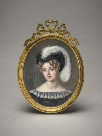 Charles SIONEST (actif circa 1830) Portrait présumé de la Duchesse de Berry Miniature ovale sur...