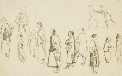 Charles Wirgman Snr, British 1832-1891- Studies of Japanese figures; and French soldiers on parade; the first grey wash on paper, the second pencil on paper, the first 16.6 x 25 cm., the second 11.2 x 17.8 cm., two (2). Provenance: Collection of...