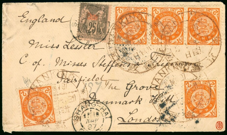 China Postal History Imperial Post 1897 (18 Dec.) a combination cover to England bearing ICP co...