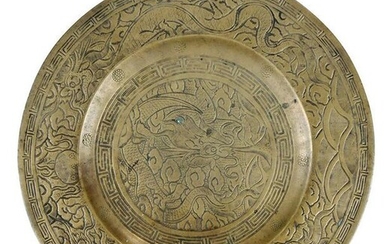 Chinese Bronze Plate with Dragon Decoration
