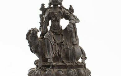 Chinese Bronze Quan Yin on Foo Lion Sculpture