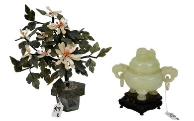 Chinese Carved Jade Censer and Tree - A Chinese carved hardstone lidded censer, light yellow green