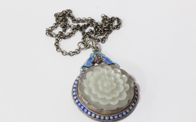 Chinese Enamel Pendant Necklace W Jade