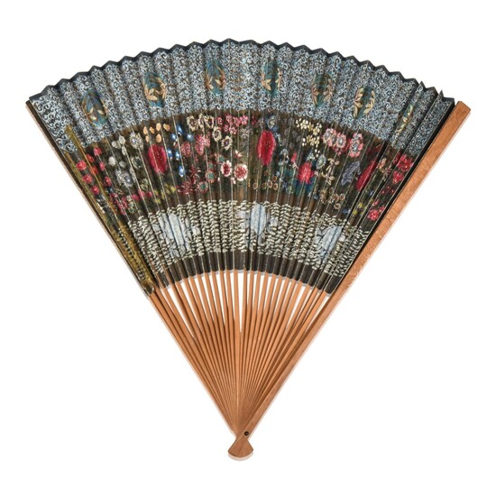 Chinese Hand Painted Folding Fan with Carved Guards