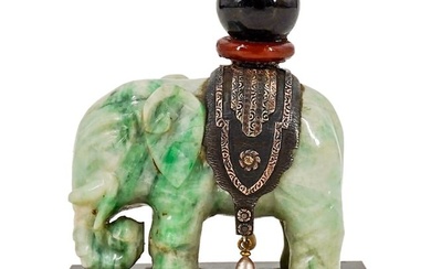 Chinese Jade Elephant Carving Sculpture W/ Silver Accents