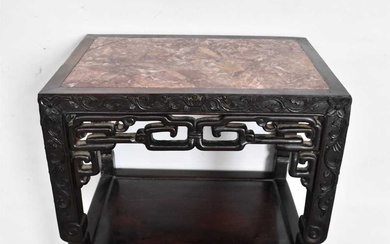 Chinese hardwood and marble topped three tier side table, rectangular form with pierced knot frieze and shelves between carved supports, on paw feet, 41cm wide x 30cm deep x 80cm high