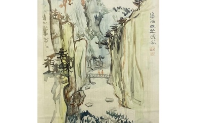 Chinese school - two figures on a bridge, calligraphy top ri...