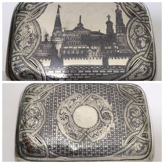 Cigarette box, with Moscow Kremlin view - .875 (84 Zolotniki) silver, and niello - Russia - 1890