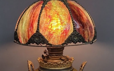 Circa 1890's Ornate Slag Glass Oil Lamp with Original Finish Large Base & 14"Brass & Slag Glass