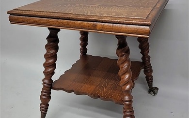 Circa 1900 1/4 Cut Oak Eagle Claw & Glass Ball Table - refinished condition - hgt 30" w 27" x 27".