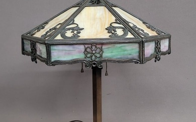 Circa 1920's Carmel & blue green Slag Glass Table Lamp with base. Looks like Bradley & Hubbard.
