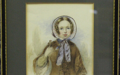Circle of Thomas Faed - A Girl wearing a Bonnet holding a Small Bird, 19th century watercolour, 22cm