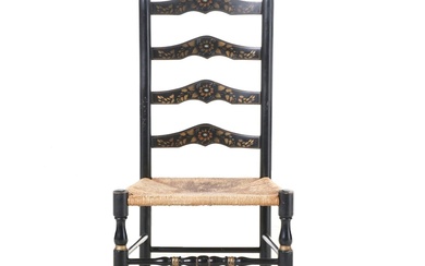 Colonial Style Ebonized and Gilt-Stenciled Ladder-Back Side Chair, 20th Century