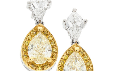 Colored Diamond, Diamond, Platinum, Gold Earrings Stones: Coffin-cut diamonds...