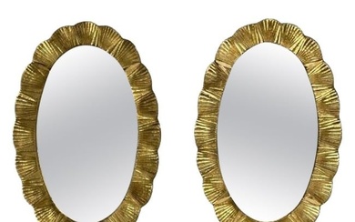 Contemporary, Oval Wall Mirrors, Scallop Motif, Murano Glass, Gilt Gold, Italy