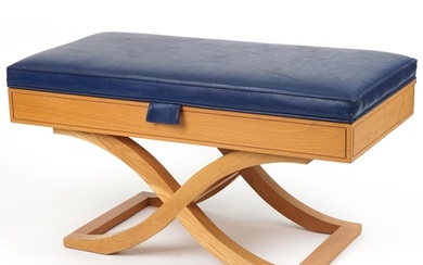 Contemporary light oak butler's luggage stand with blue leat...