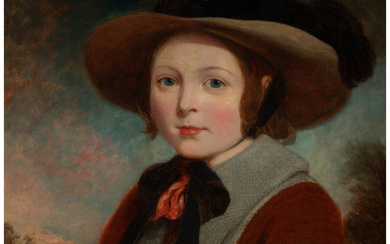 Continental School (19th Century), Portrait of a young girl in a tan hat with black feather, wearing a red coat with grey trim, and holding a black fur hand warmer