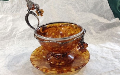 Cup with tea plate, made of amber and silver - amber and silver 925 - possibly Russia - Second half 20th century