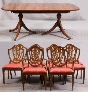 DREXEL HERITAGE MAHOGANY DINING TABLE WITH TEN SHIELD BACK CHAIRS 29 46 70