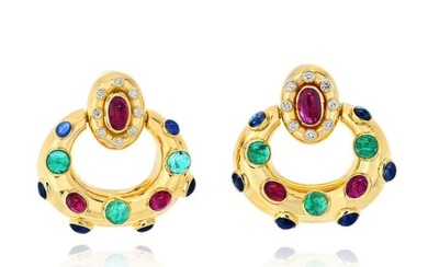 David Webb 18K White Gold Ruby Emerald And Sapphire Door Knockers Earrings