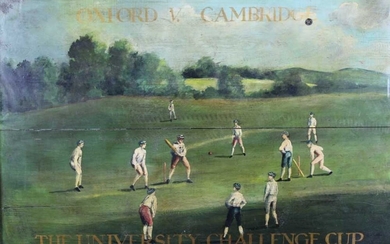 Decorative oil on panel depicting the Oxford V. Cambridge University Challenge Cup Cricket Match, framed, 50cm x 76cm