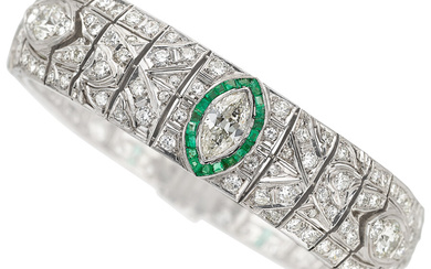 Diamond, Emerald, Platinum Bracelet Stones: Single and full-cut diamonds...
