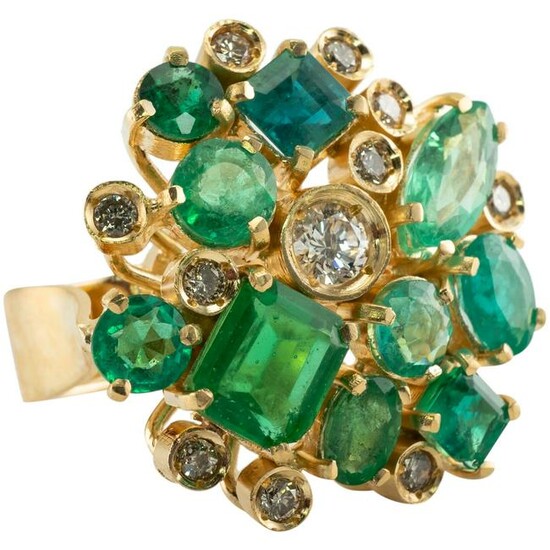 Diamond Emerald Ring 14K Gold Cocktail Cluster Huge