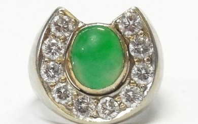Diamond Jadeite Jade 14k White Gold Mens Horseshoe Ring