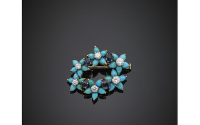 Diamond and turquoise flower with sapphire spacers yellow gold brooch, g 7.55, length cm 3 circa.Read more